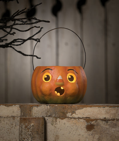 Surprised Candy Corn Pumpkin Bucket Paper Mache Petite