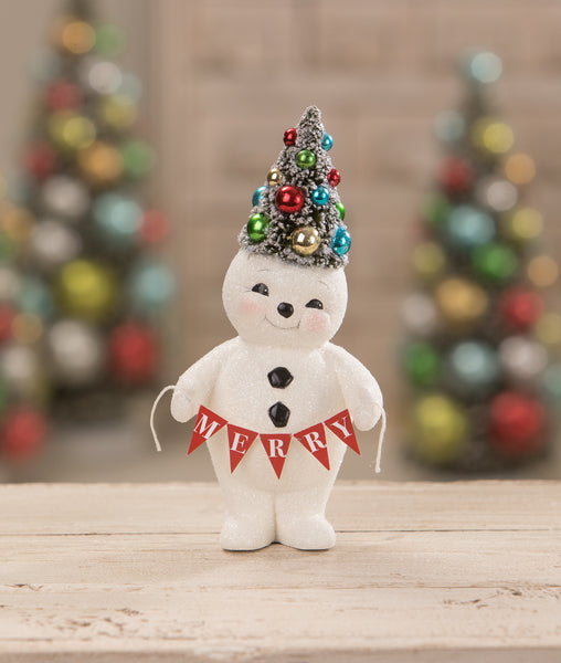 Retro Merry Snowman With Tree