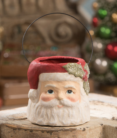 Christmas_small_paper mache_Santa_head_bucket_glitter_wire_holly