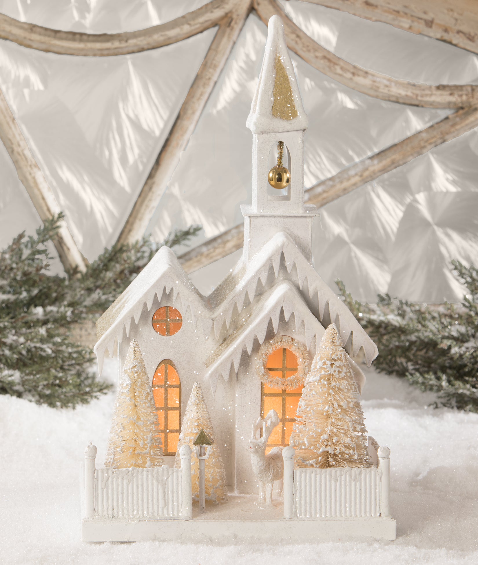 White_Christmas_Putz_Church_Gold_Snow