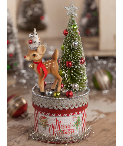 Christmas_deer_box_pressed paper_bottle brush_container_beads_star_glitter_printed paper_glitter_tinsel_vintage-inspired image_ribbon_bell