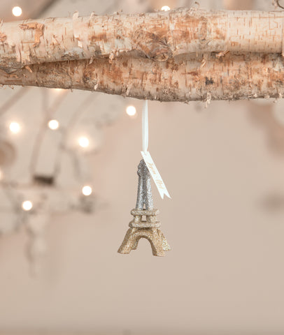 Christmas_Joyoux Noel_Eiffel Tower_Glitter_Silver_Gold_Ornament_Bethany Lowe