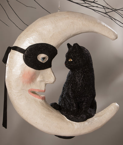 Halloween_black cat_white moon_glitter_Bethany Lowe_paper mache