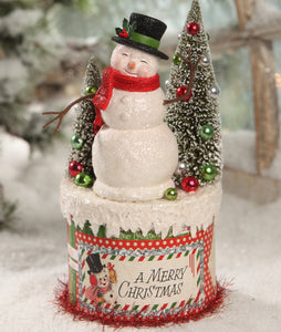 Christmas_snowman_retro_bottle brush_tree_box_container_printed paper_pressed paper_vintage-inspired_beads_mica_glitter_tinsel